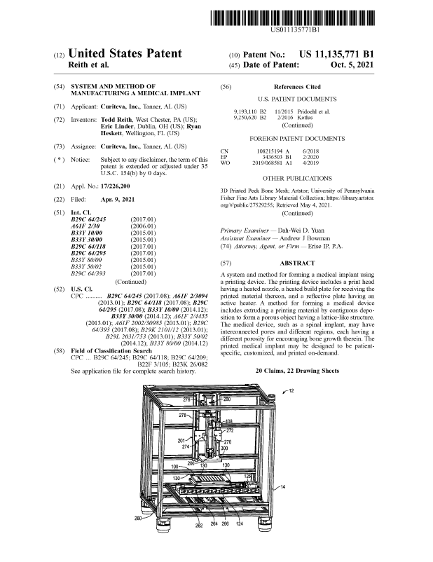 United States Patent Granted, 11,135,771, REITH et al.